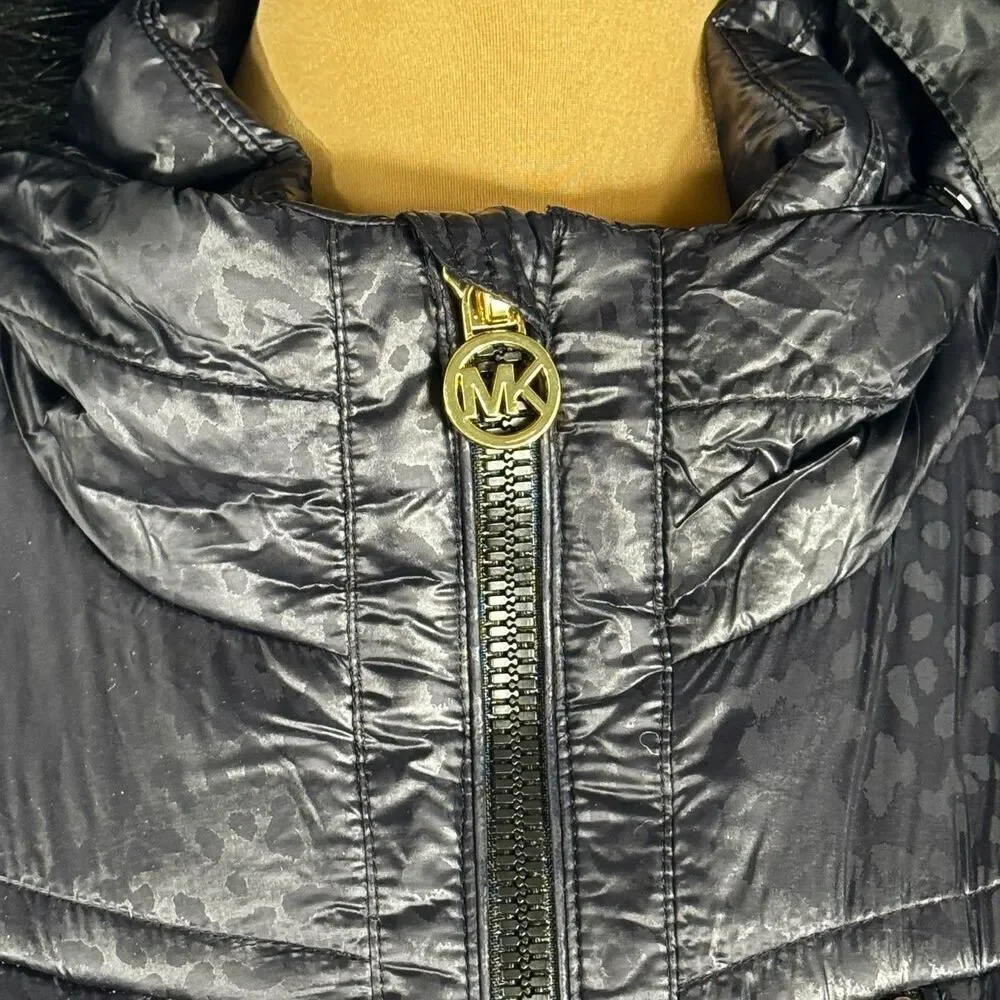 Michael Kors Sz 3XL Puffer Vest Faux Fur Detachable Hood Black Gold Hardware